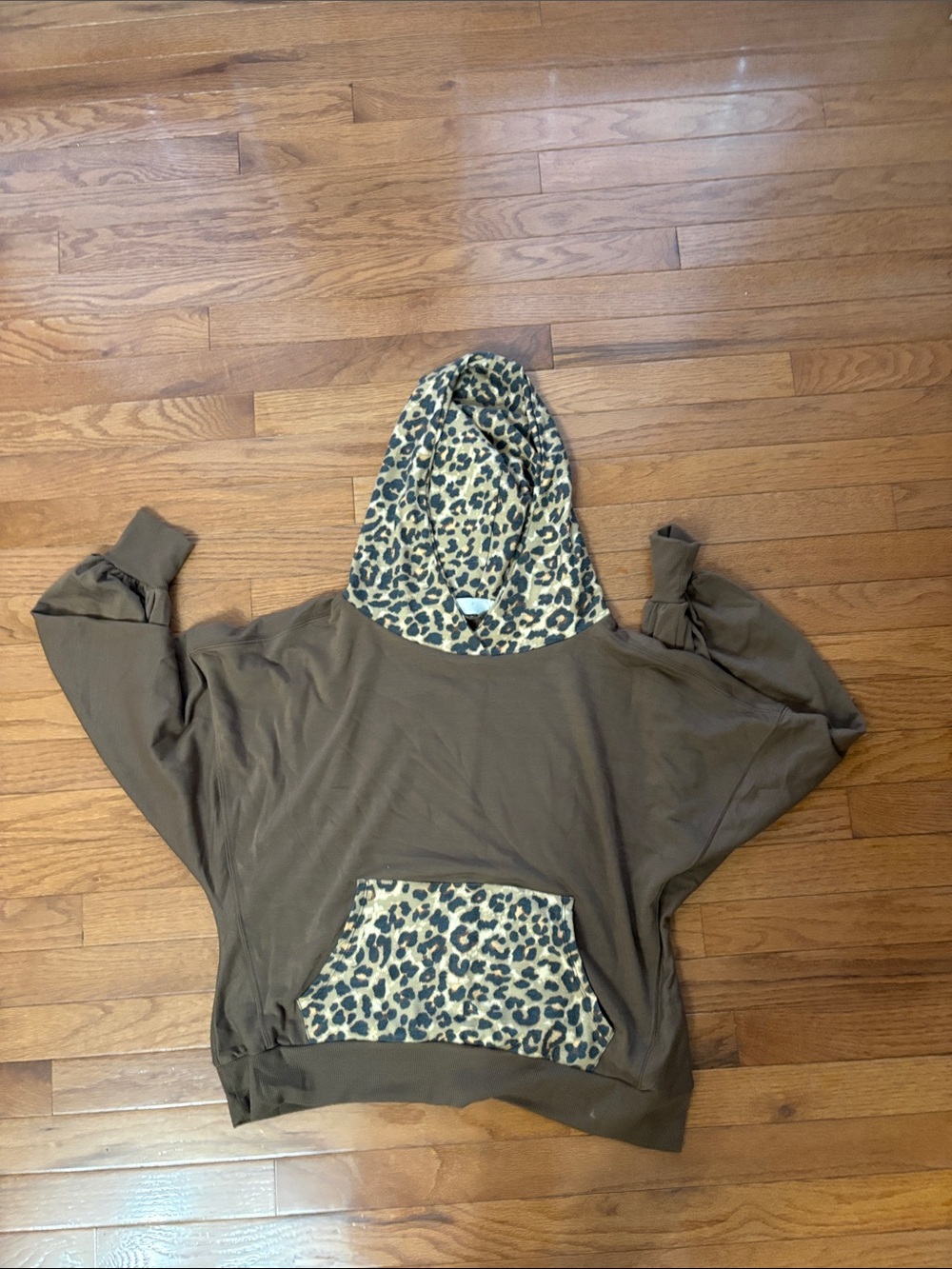 Zenana Outfitters Brown Hoodie with Leopard Trim